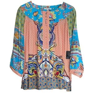 John Mark Medium Paisley Top Boho Artsy Spring V-Neck 3/4 Sleeve NWT